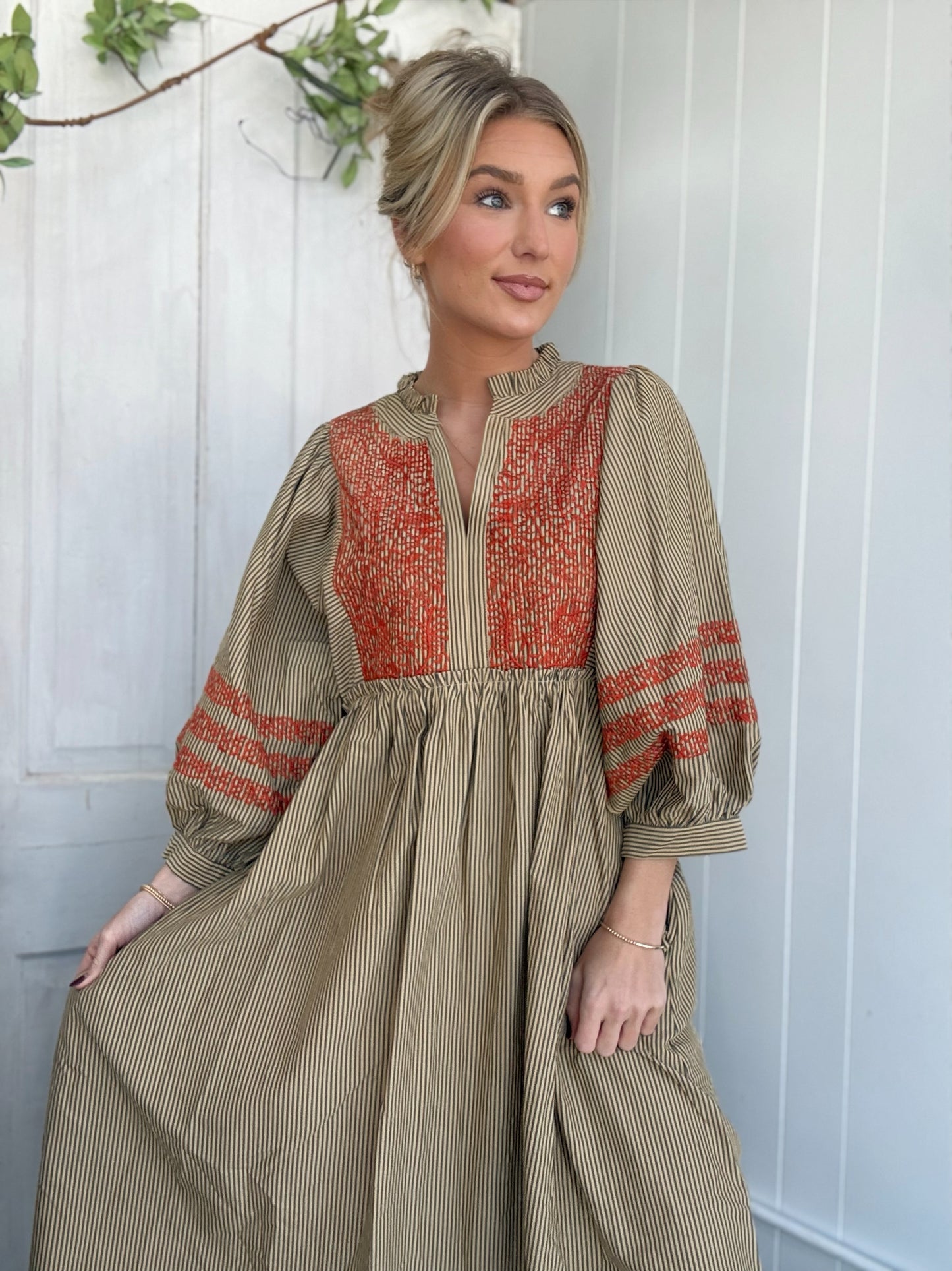 Taupe Stripe Detail Cuff Sleeve Maxi