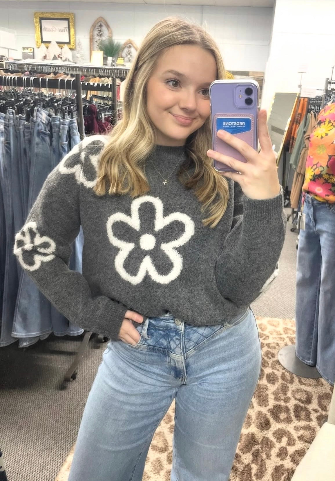 Gray and white Floral Sweater