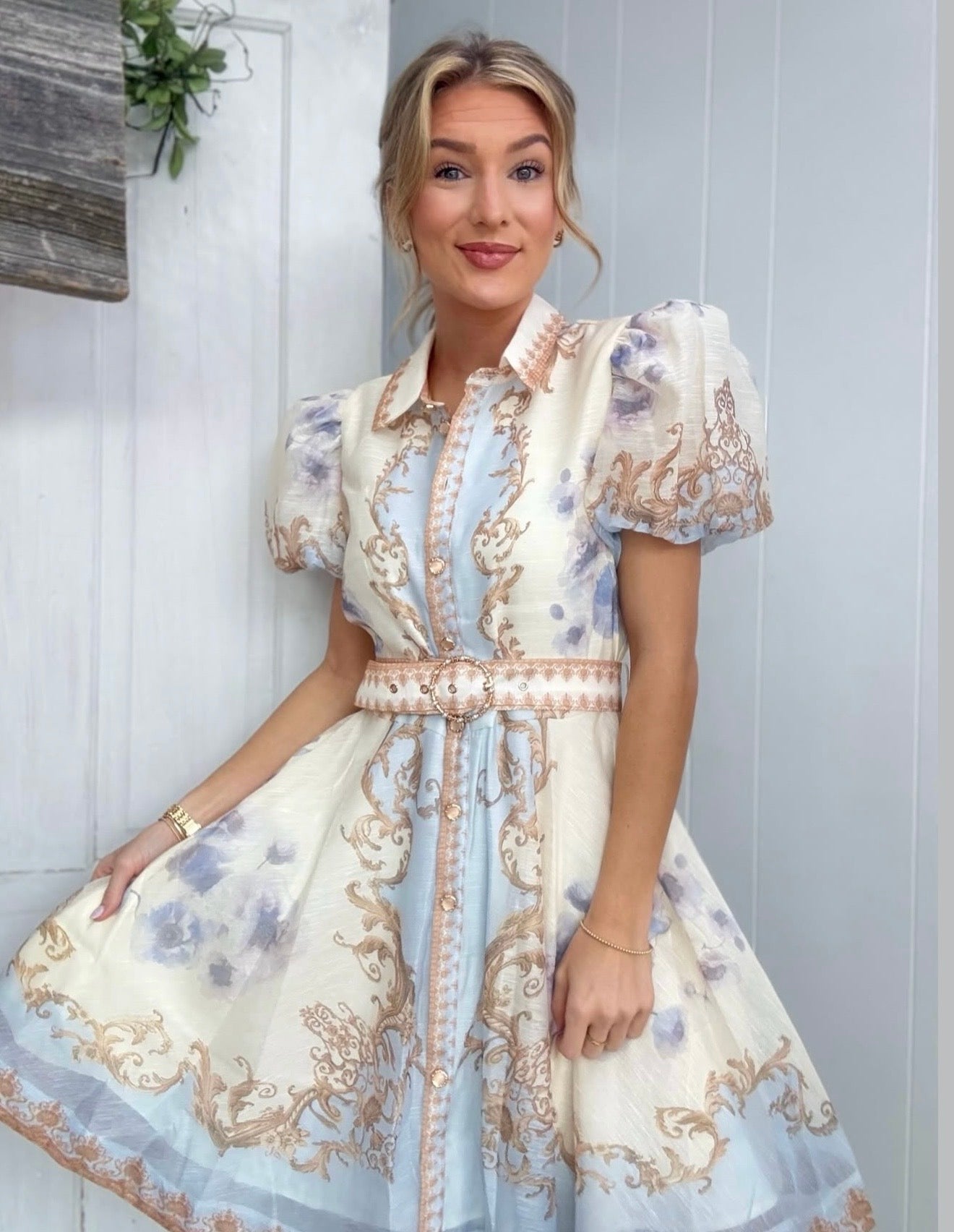 Detailed bubble sleeve mini dress with belt