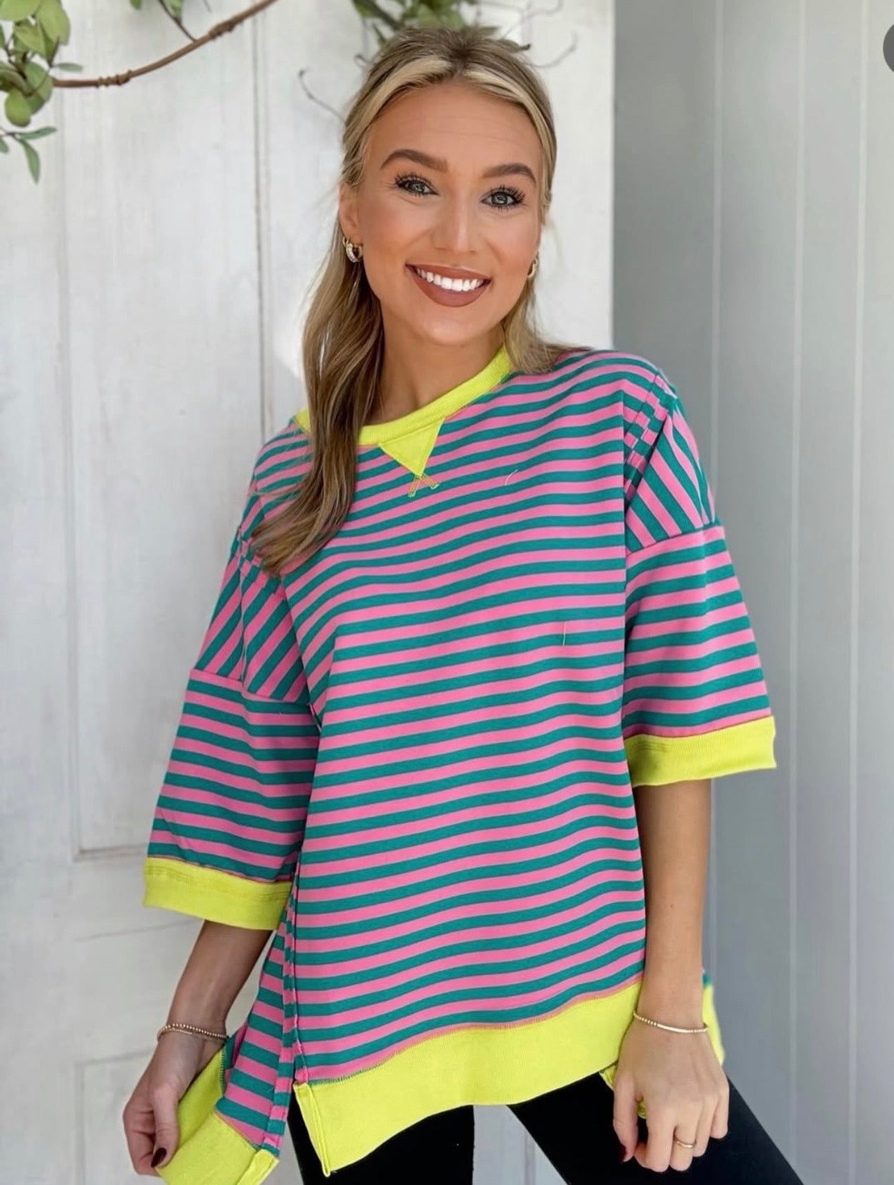 VeryJ NT12481X Seafoam/pink stripe top