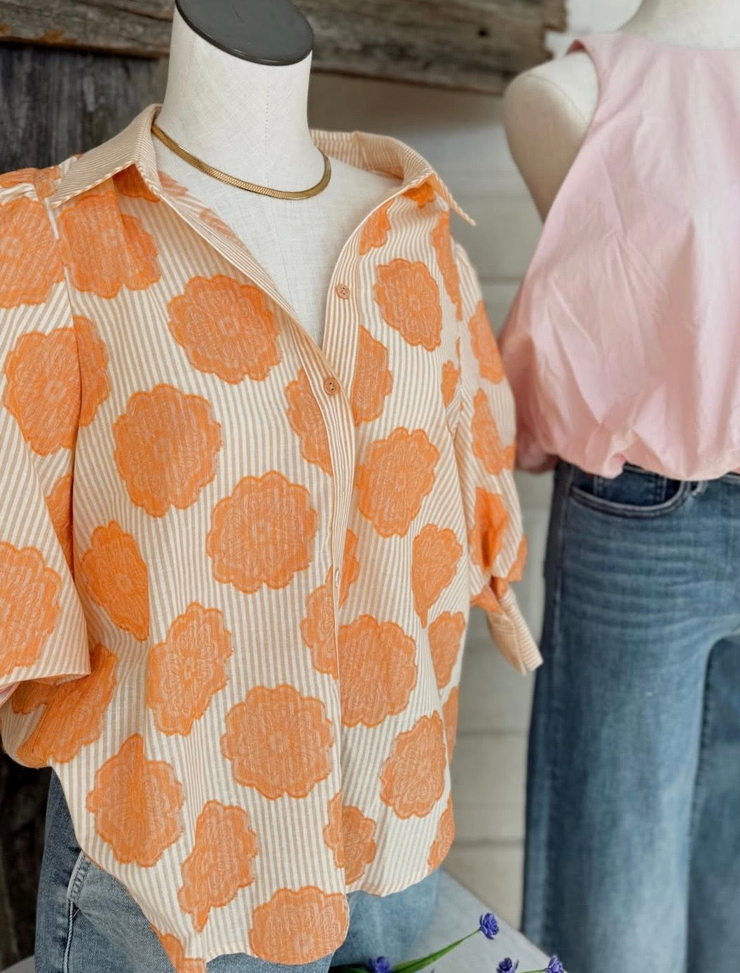 Flower & Stripe Trim Detail Blouse