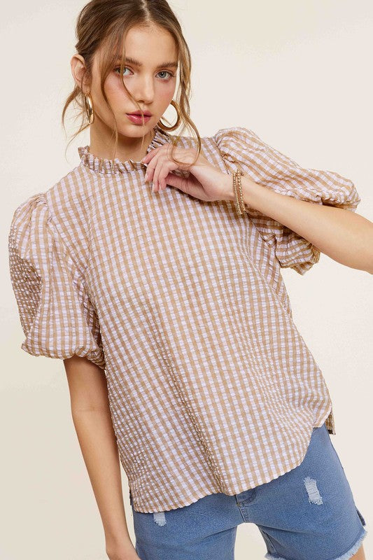 Gingham Check Print Puff Sleeve Top