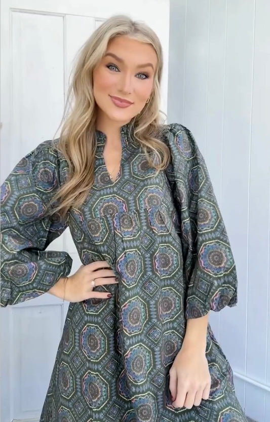 Olive Pattern Detail Mini Dress