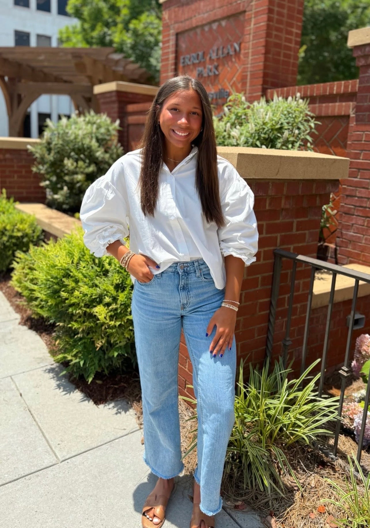 White button Down Bubble Sleeve Blouse