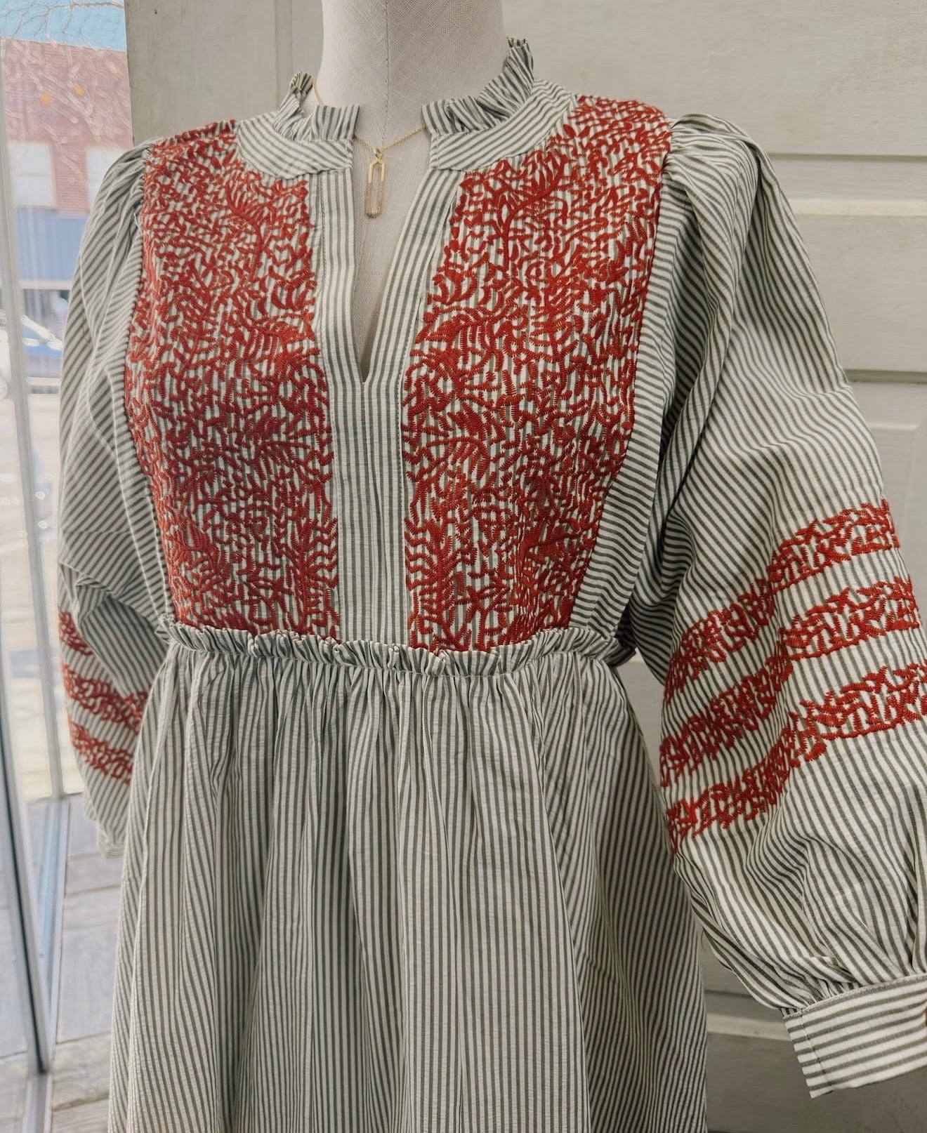 Olive Striped Detail Cuff Sleeve Maxi