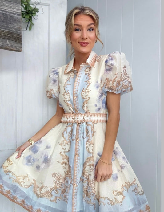 Detailed bubble sleeve mini dress with belt