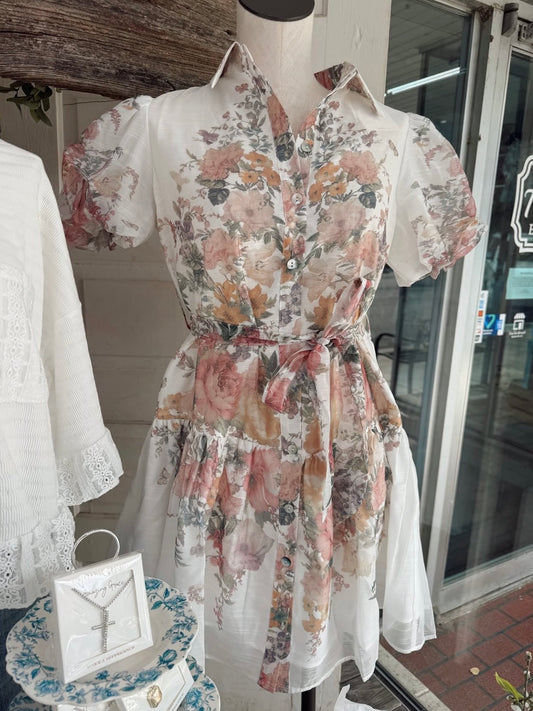Cream Floral Belt Tiered Mini Dress