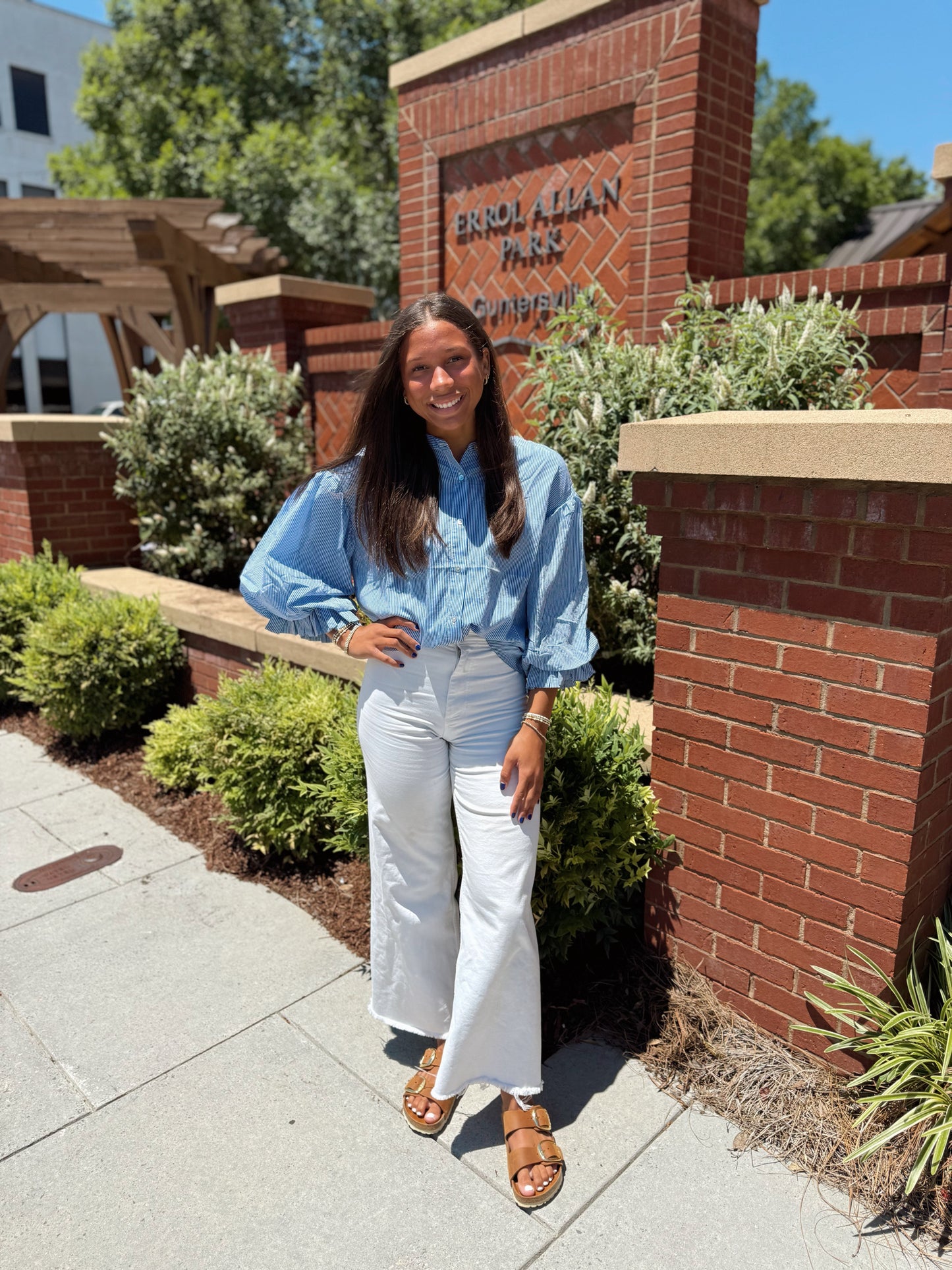 Blue Pin-Stripe Bubble Sleeve Blouse