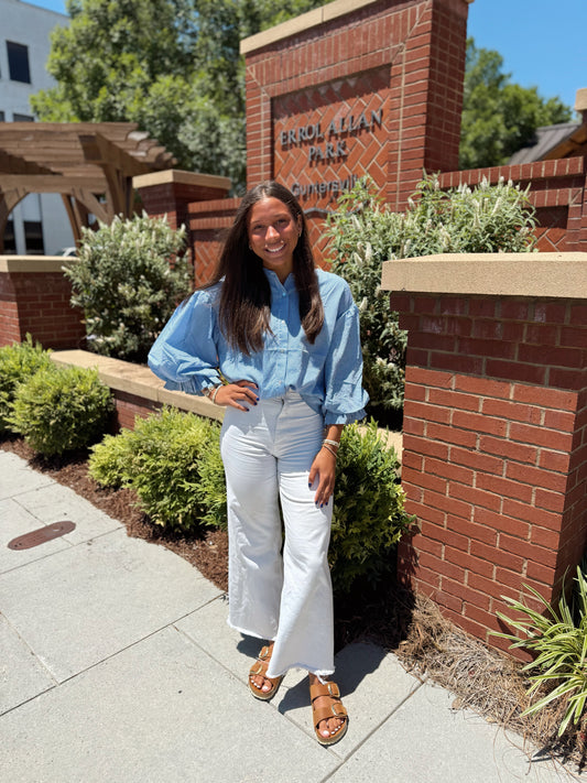 Blue Pin-Stripe Bubble Sleeve Blouse
