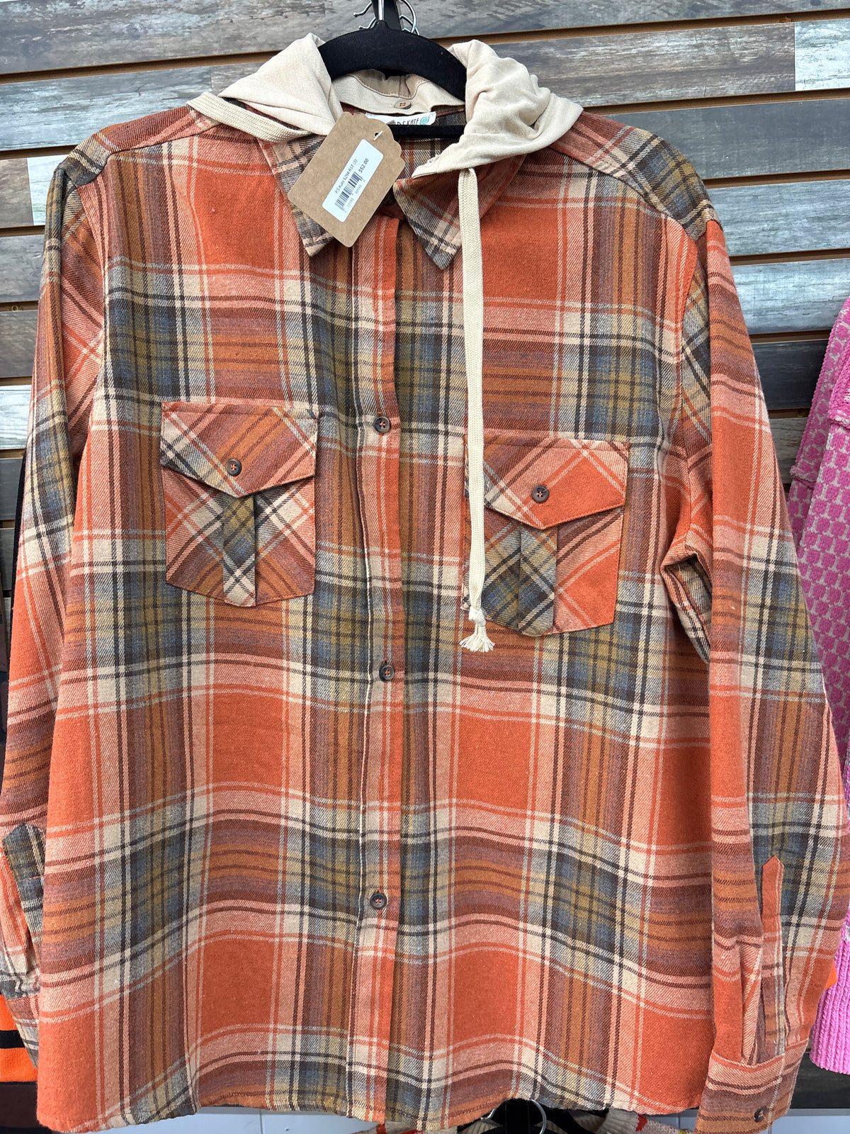 Orange Plaid Hooded Button Up