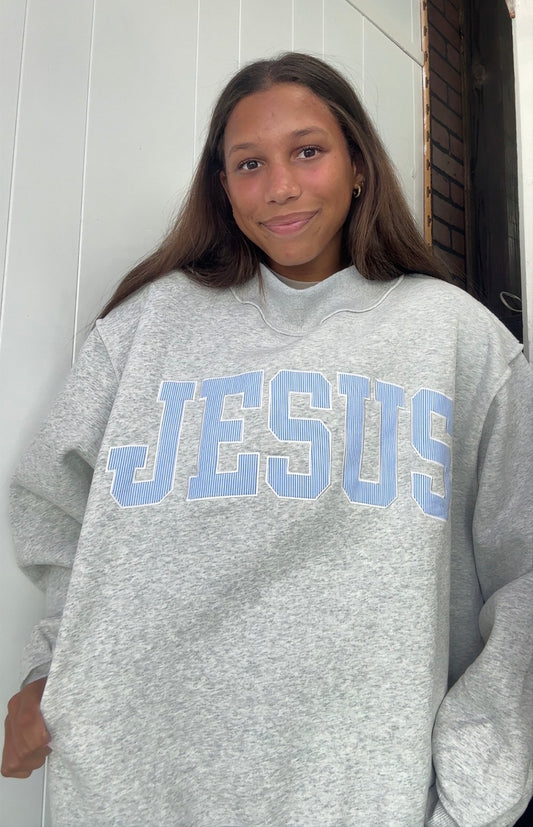 Blue Stripe Embroidered Jesus Mock Neck