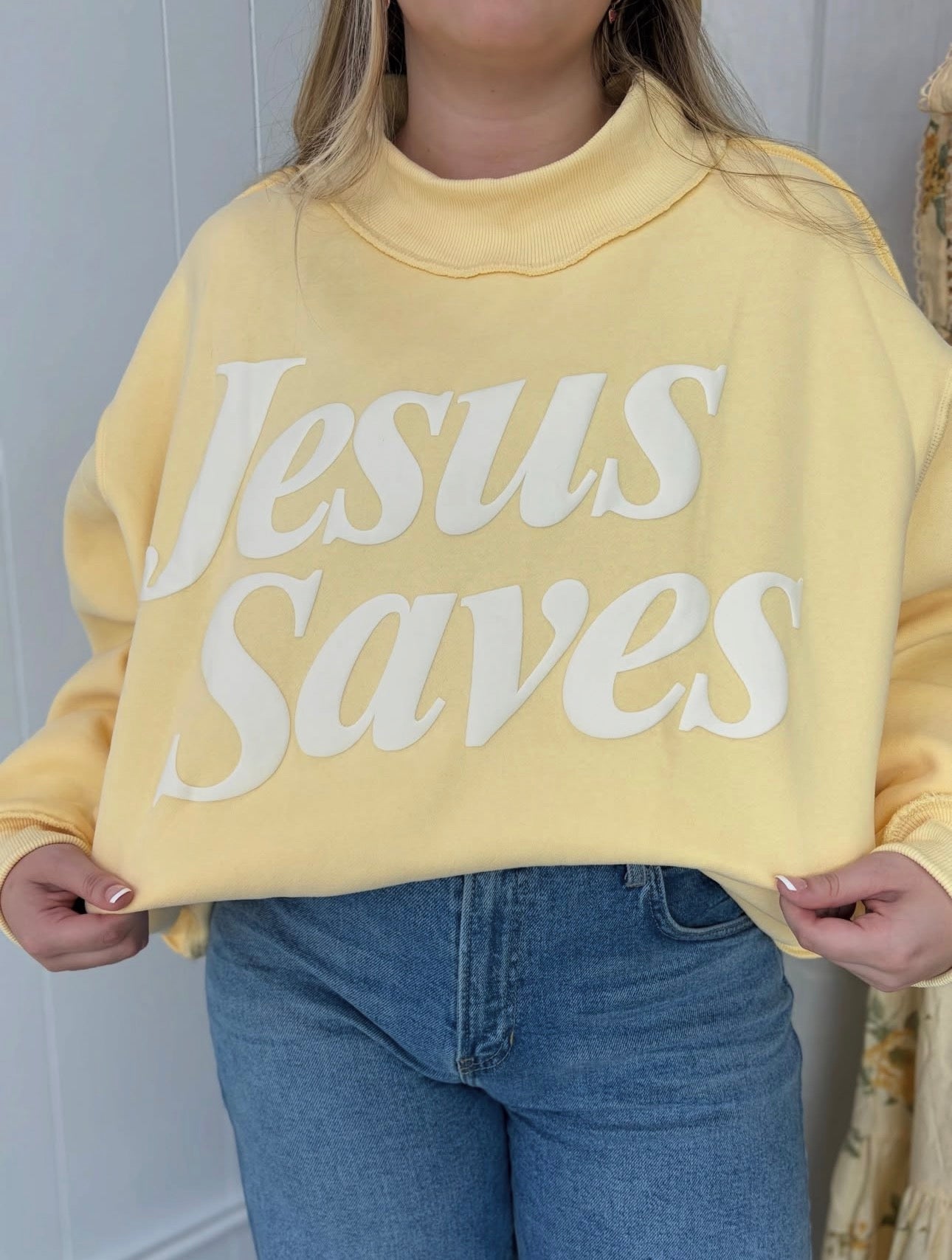 Jesus Saves Butter Yellow Mock Neck