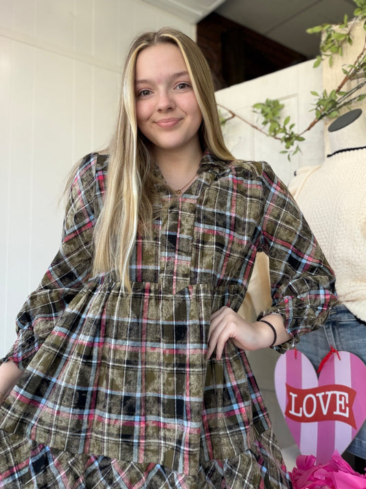 Mini Olive Plaid Dress