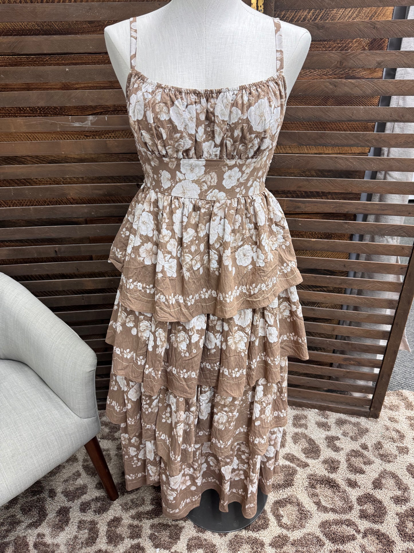 Latte Floral Ruffle Dress
