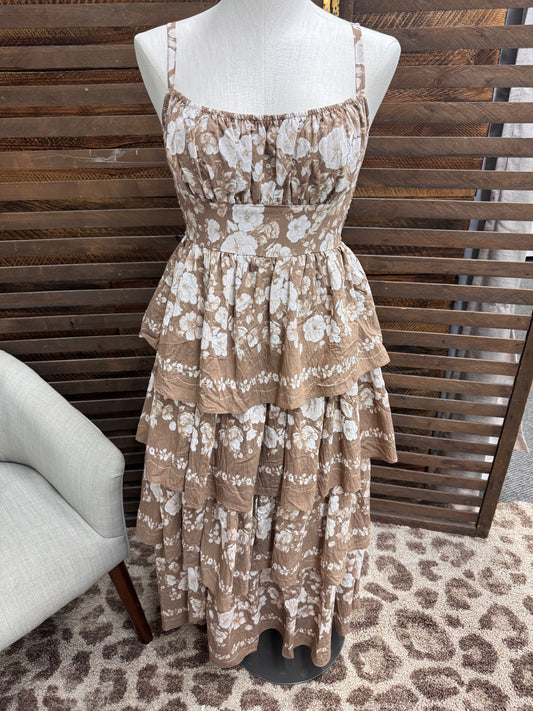 Latte Floral Ruffle Dress